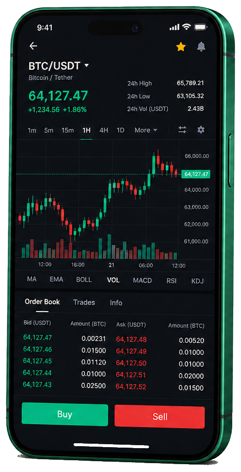 Vasterbaat trading platform on mobile — live BTC/USDT chart, order book, and buy/sell interface